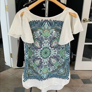 Anthropologie Maeve White Blouse with Blue and Green Pattern